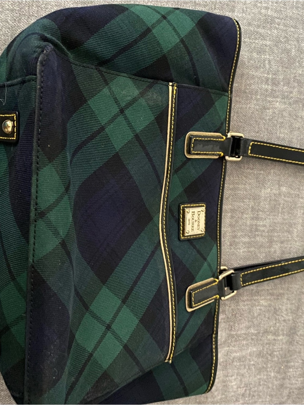 Dooney & Bourke Green and Navy Plaid Messenger Bag with Gold Accents